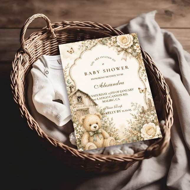 Invitation Fête de Bébé Ourson Rustique Intemporel (Créateur téléchargé)