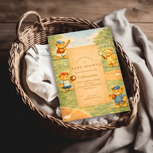 Invitation Fête de bébé ourson vintage sportif (Créateur téléchargé)