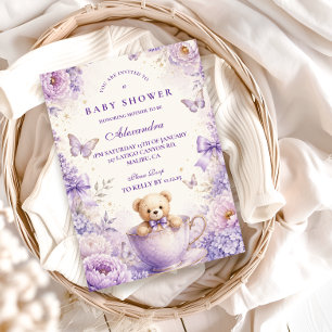 Invitation Fête de Bébé Ourson Violet Fantaisiste