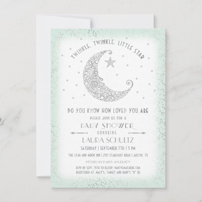 Invitation Fête de Bébé Pailleté d'Argent Twinkle Little Star (Devant)