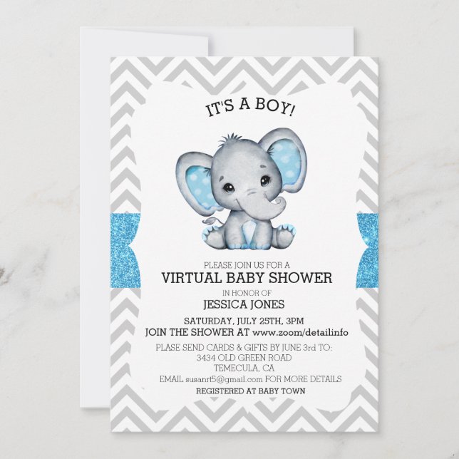 Invitation Fête de bébé pailletée Chevron Eléphant Bleu Virtu (Devant)