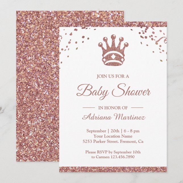 Invitation Fête de Bébé Paillettes Rose Gold Princesse Royale (Devant / Derrière)