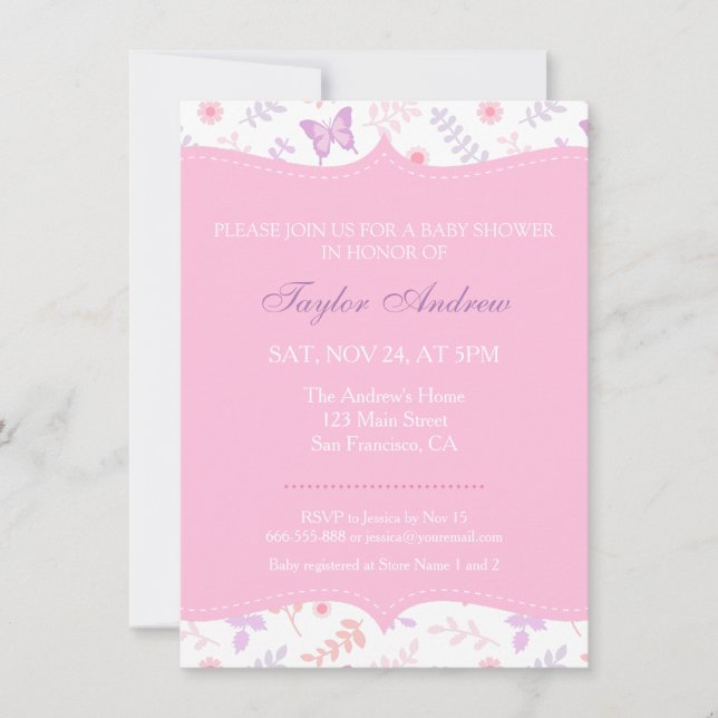Invitation Fête de Bébé Papillon à Motif Floral Élégant (Devant)