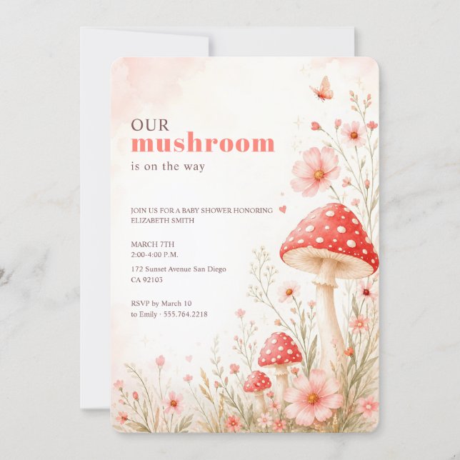 Invitation Fête de Bébé Papillon Champignon Fleur Sauvage Ros (Devant)