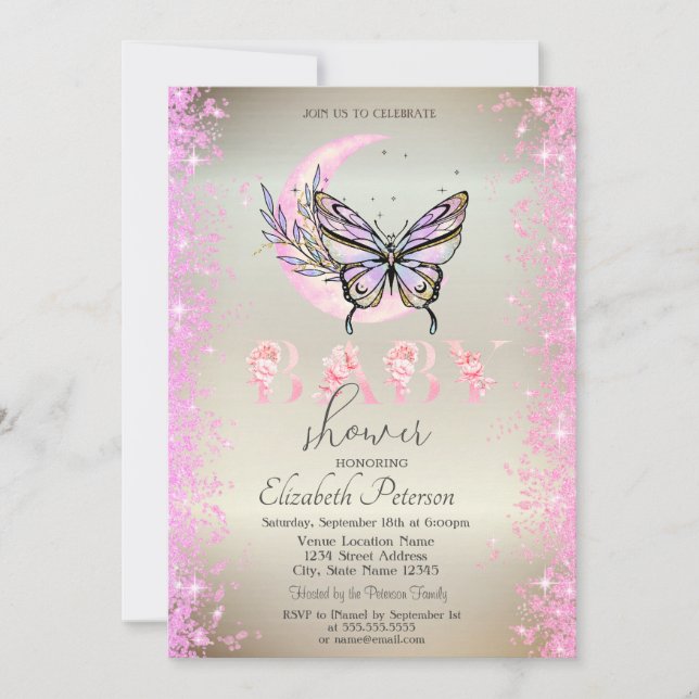 Invitation Fête de Bébé Papillon de Lune Paillettes Confettis (Devant)