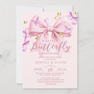 Invitation Fête de Bébé Papillon Doré Ruban Rose 