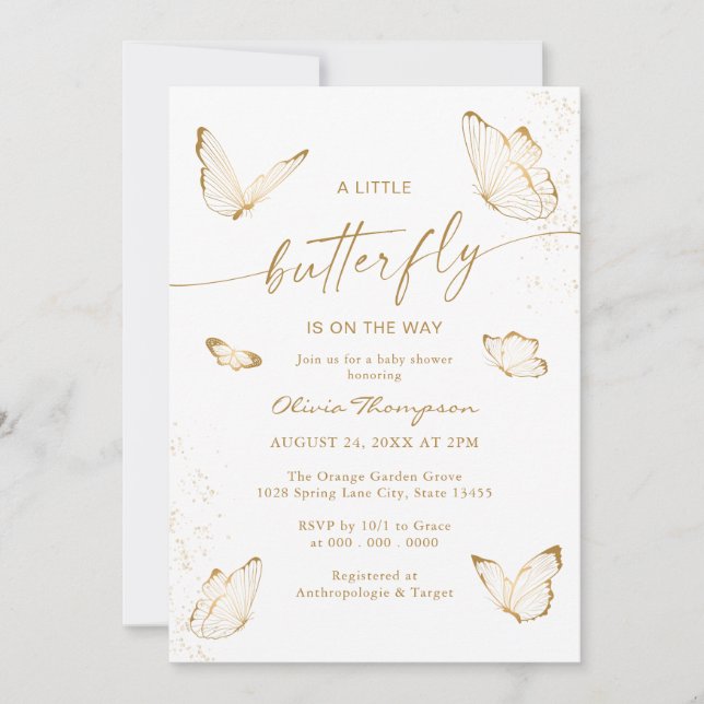 Invitation Fête de bébé Papillon en Or Blanc (Devant)