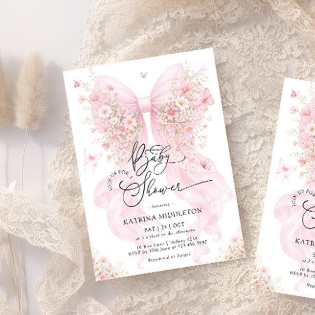 Invitation Fête de Bébé Papillon Fleur Sauvage Ruban Rose Blu (Créateur téléchargé)