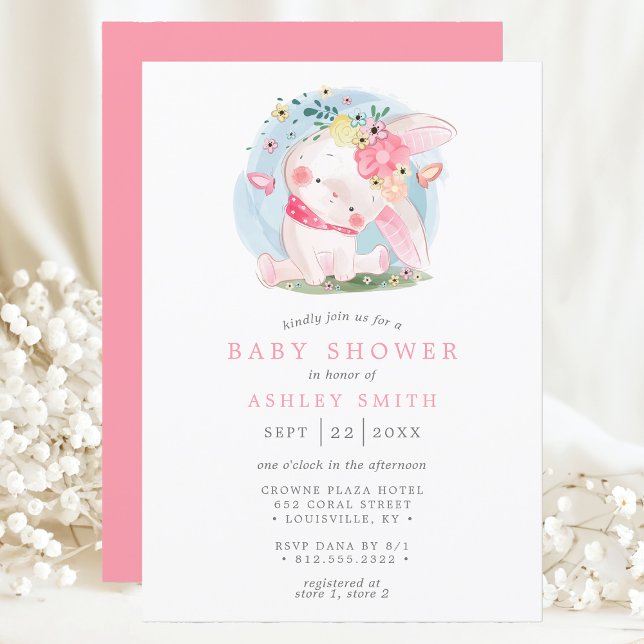 Invitation Fête de bébé papillon floral lapin rose aquarelle (Créateur téléchargé)