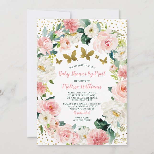 Invitation Fête de Bébé Papillon Floral Or Rose Par Courrier (Devant)
