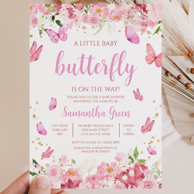 Invitation Fête de bébé papillon floral rose (Créateur téléchargé)