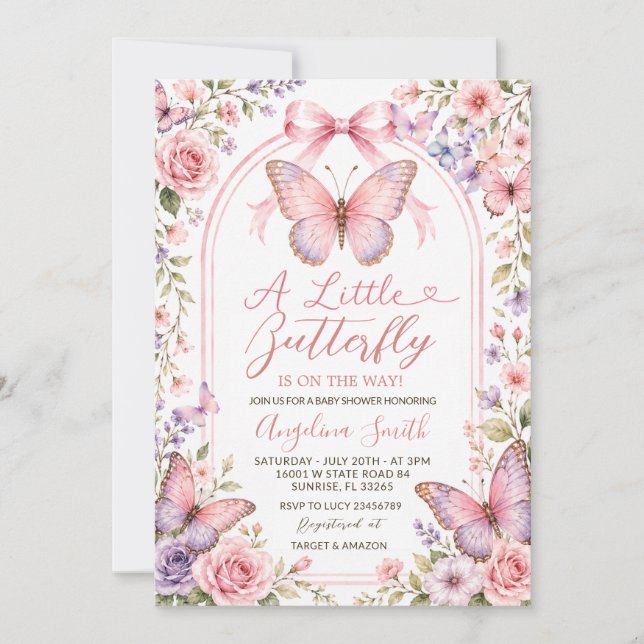 Invitation Fête de bébé papillon floral rose violet (Devant)