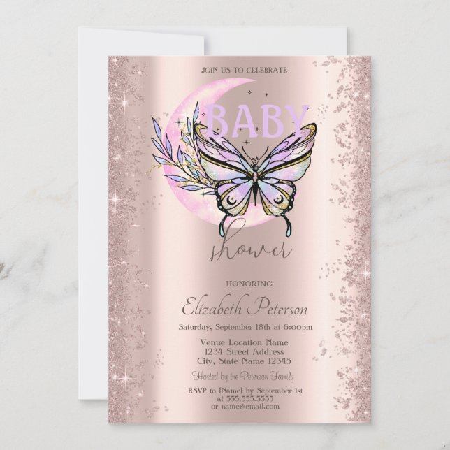 Invitation Fête de Bébé Papillon Lune Paillettes Or Rose (Devant)