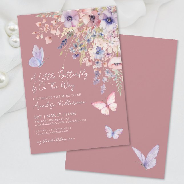 Invitation Fête de Bébé Papillon Rose Élégant (Elegant Butterfly Wildflower Baby Shower Invitation)