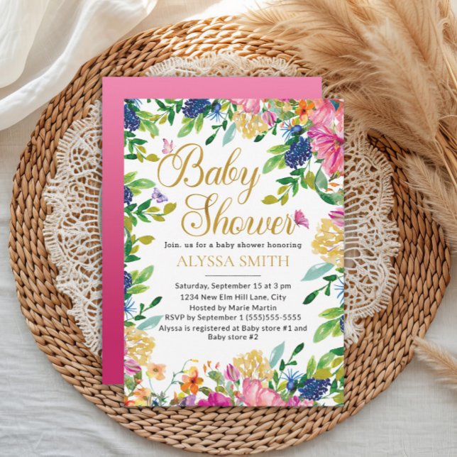 Invitation Fête de Bébé Papillons Floraux Rose Bleu Jaune (Pink, blue, and yellow watercolor floral and butterflies baby girl baby shower invitation)