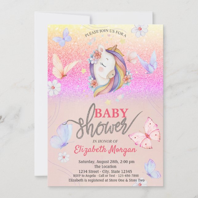 Invitation Fête de Bébé Papillons Licorne Paillettes (Devant)