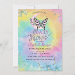 Invitation Fête de Bébé Papillons Lune Tie Dye