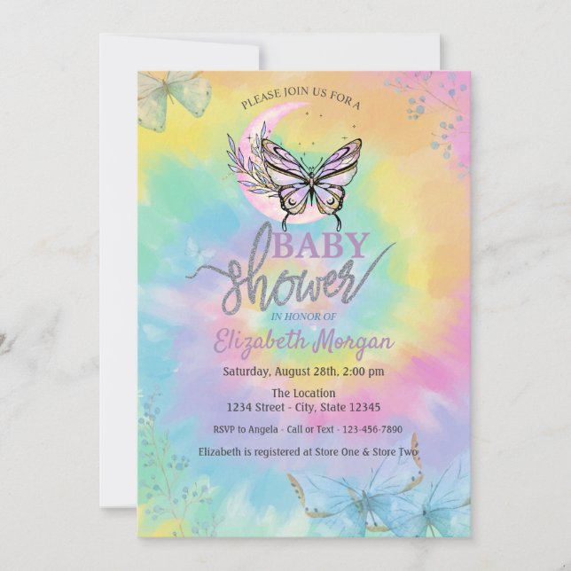 Invitation Fête de Bébé Papillons Lune Tie Dye  (Devant)