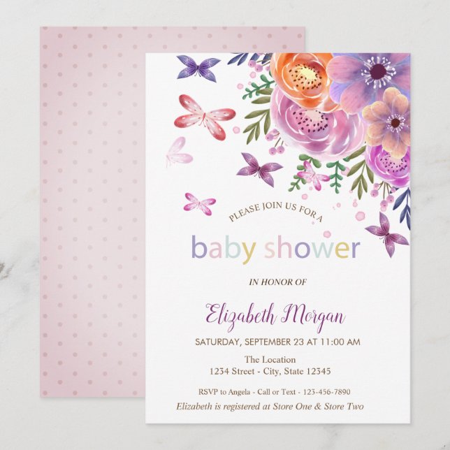 Invitation Fête de bébé papillons points floral (Devant / Derrière)