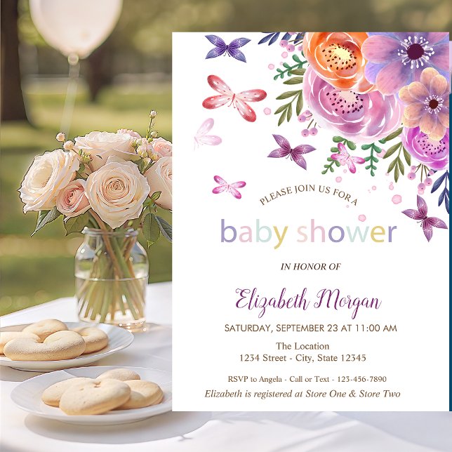 Invitation Fête de bébé papillons points floral (Créateur téléchargé)