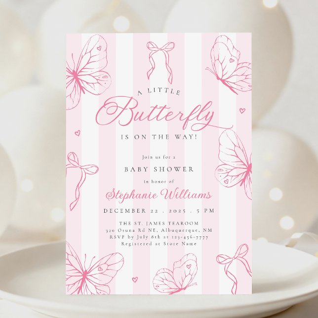 Invitation Fête de Bébé Papillons Roses Dessinés à la Main (Créateur téléchargé)