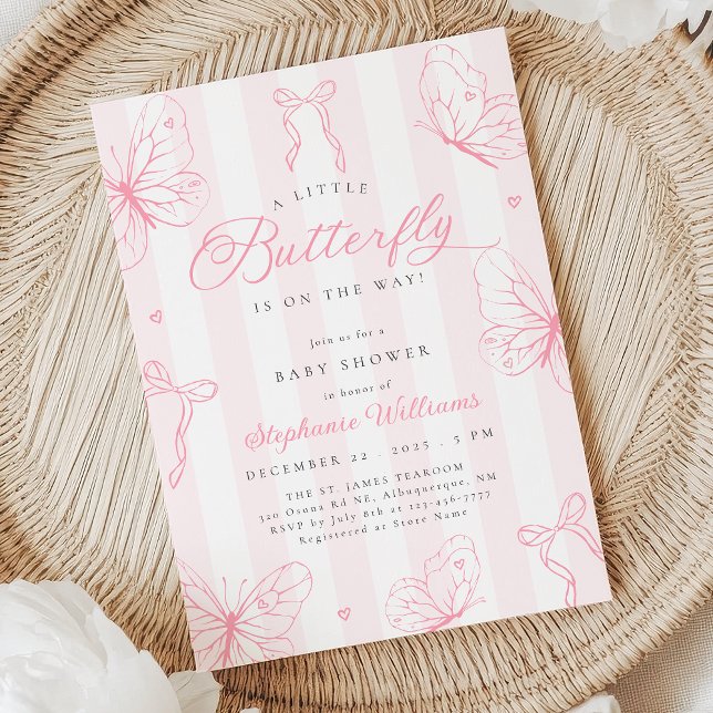 Invitation Fête de Bébé Papillons Roses et Rubans (Créateur téléchargé)