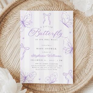 Invitation Fête de Bébé Papillons Violets & Rayures