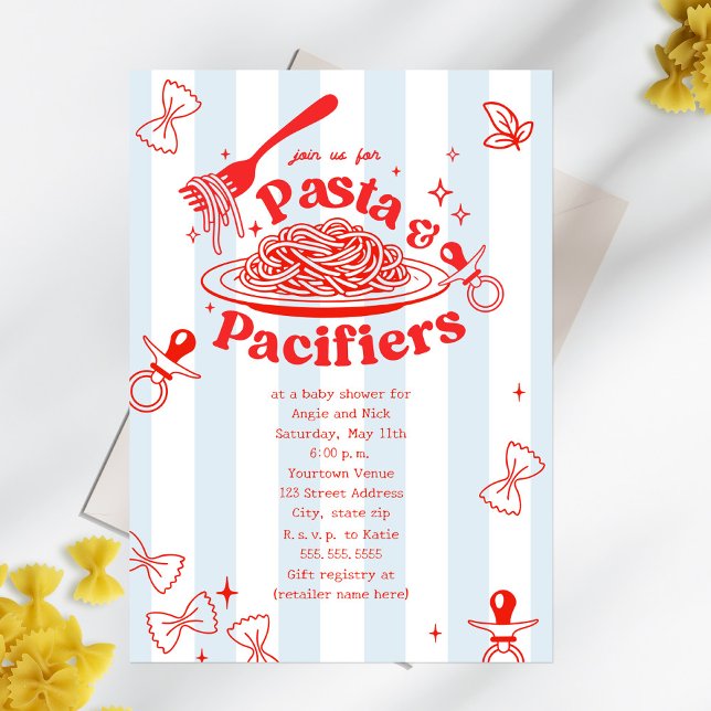 Invitation Fête de bébé Pasta & Pacifiers Doodle Neutre (Créateur téléchargé)
