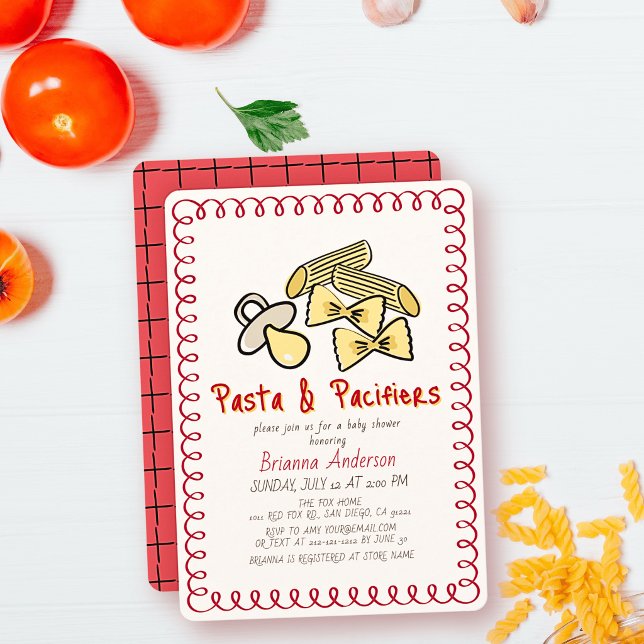 Invitation Fête de bébé Pasta & Pacifiers Doodle Rouge (Créateur téléchargé)