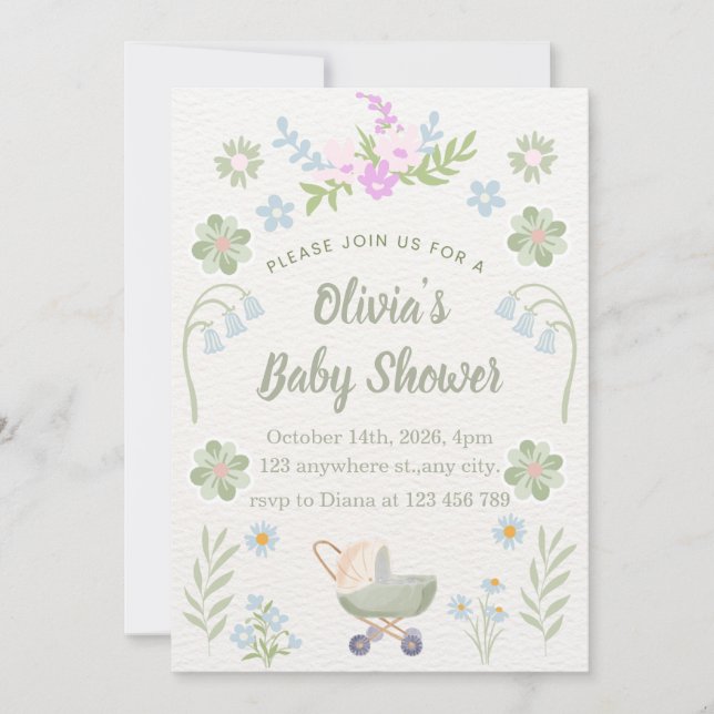 Invitation Fête de bébé personnalisée avec des fleurs douces (Devant)