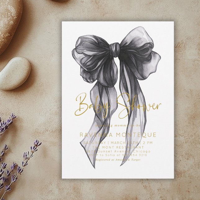 Invitation Fête de bébé personnalisée avec nœud noir chic (Créateur téléchargé)