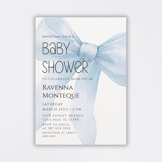 Invitation Fête de bébé personnalisée avec un nœud bleu minim (Créateur téléchargé)