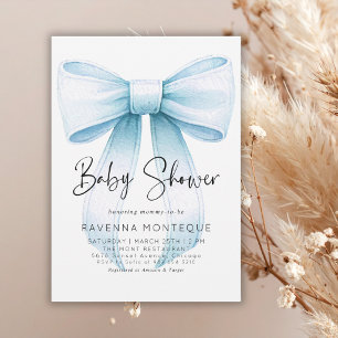 Invitation Fête de bébé personnalisée avec un nœud bleu prepp