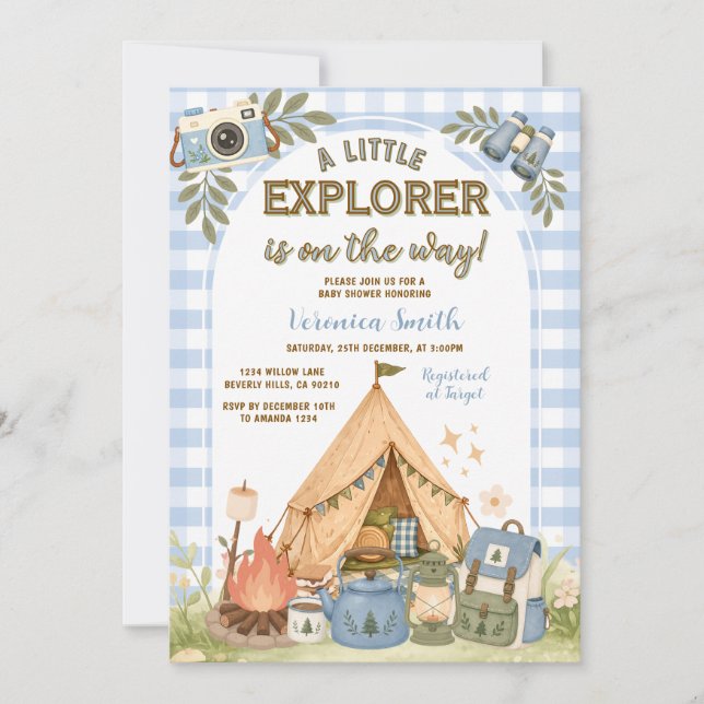 Invitation Fête de Bébé Petit Explorateur Camping Bleu (Devant)