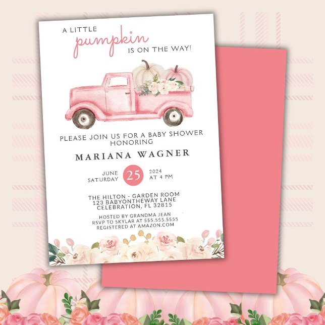 Invitation Fête de bébé petite citrouille camion rose (Créateur téléchargé)