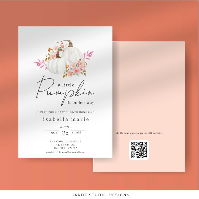 Invitation Fête de Bébé Petite Citrouille Florale (Front and back of invitation shown in 5 x 7 in. Select corner and paper style before checkout.)