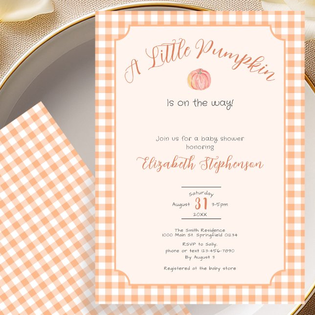 Invitation Fête de bébé Petite Citrouille Gingham Orange Auto (Créateur téléchargé)