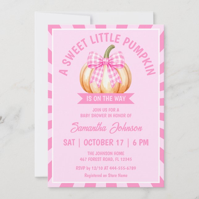 Invitation Fête de bébé Petite Citrouille Ruban Gingham Rose (Devant)