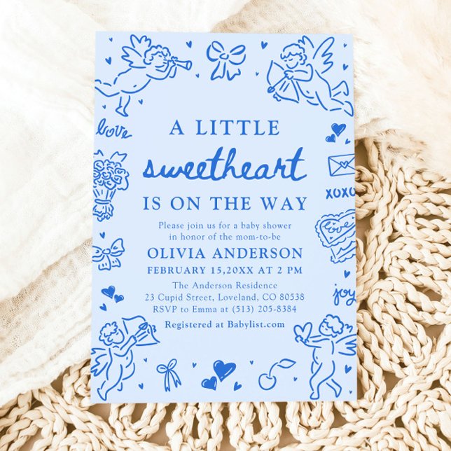 Invitation Fête de bébé petite douce amoureuse dessinée à la  (Blue Hand Drawn Valentine Little Sweetheart Baby Shower Invitation)