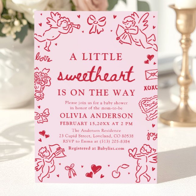 Invitation Fête de bébé petite douce amoureuse dessinée à la  (Hand Drawn Valentine Little Sweetheart Baby Shower Invitation)