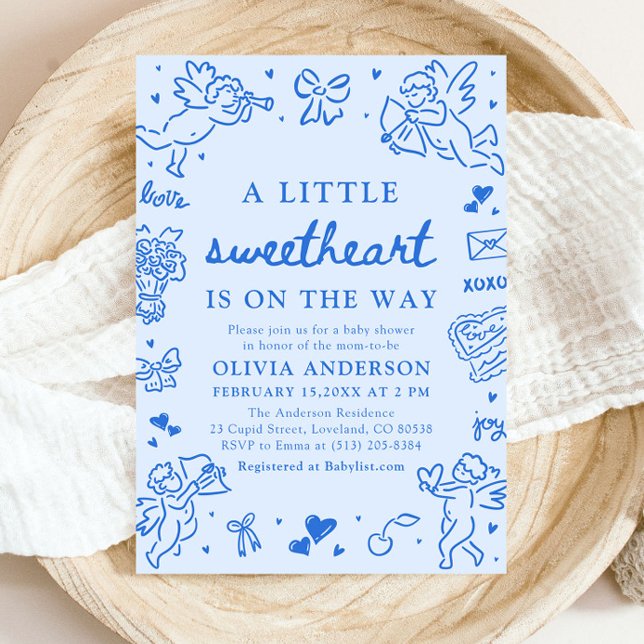 Invitation Fête de bébé petite douceur de la Saint-Valentin d (Blue Hand Drawn Valentine Little Sweetheart Baby Shower Invitation)