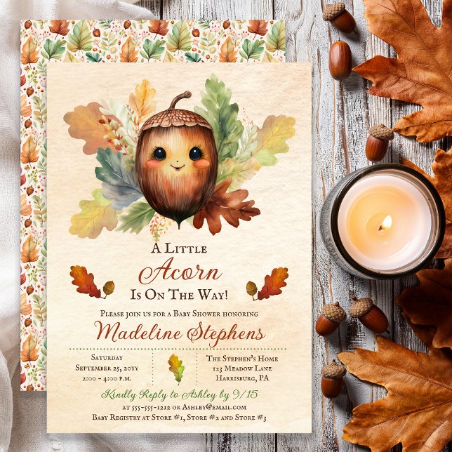 Invitation Fête de Bébé Petite Gland d'Automne (Whimsical watercolor acorn baby shower invitation with warm autumn woodland charm)