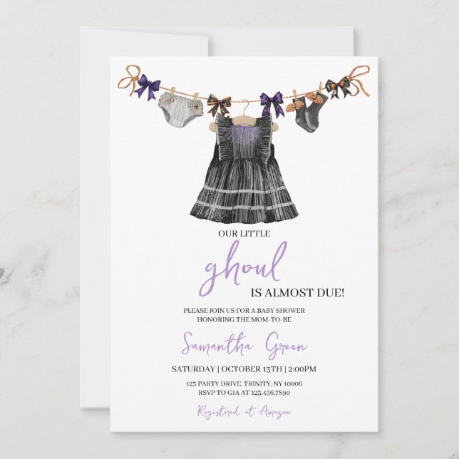 Invitation Fête de bébé Petite Goule Halloween Violet (Devant)