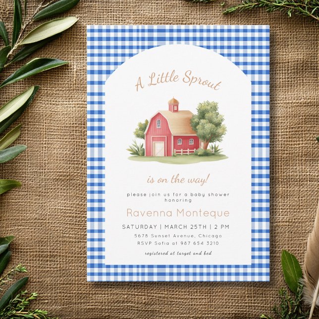 Invitation Fête de Bébé Petite Pousse Bleu Gingham Grange Rou (Créateur téléchargé)