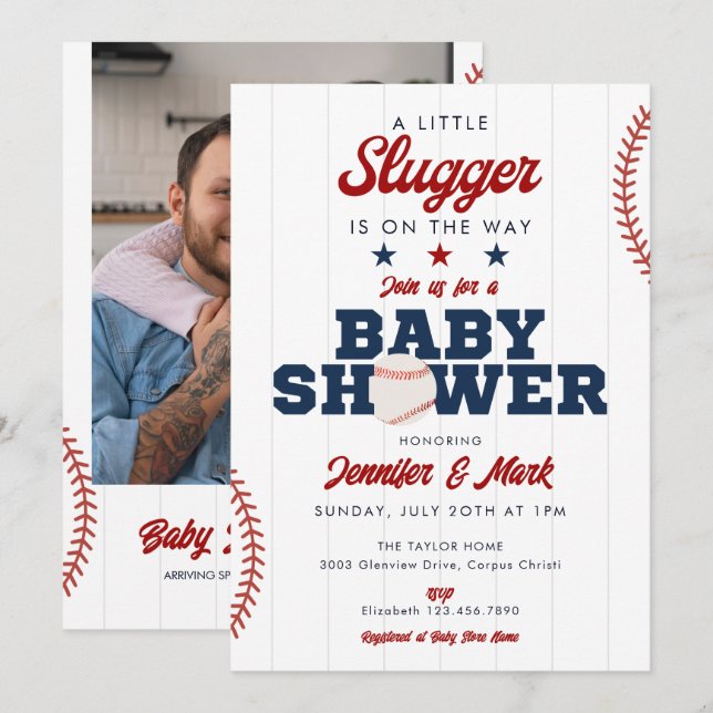 Invitation Fête de Bébé Photo Bébé Frappeur de Baseball (Devant / Derrière)