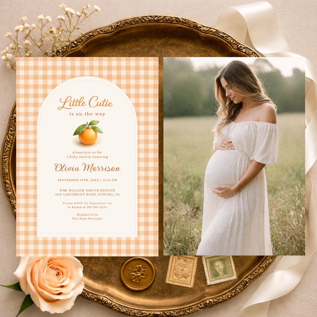 Invitation Fête de Bébé Photo de Petit Bébé au Vichy Orange (Créateur téléchargé)