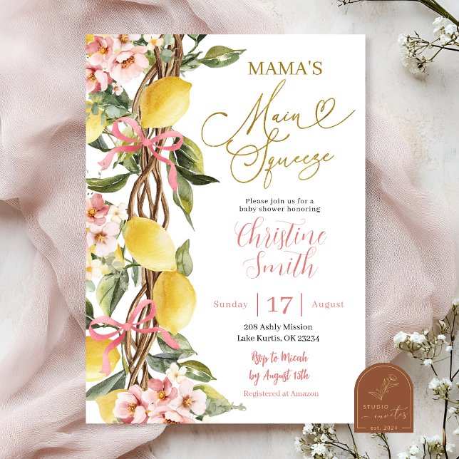 Invitation Fête de bébé Pink Lemonade et Bow Main Squeeze (Créateur téléchargé)