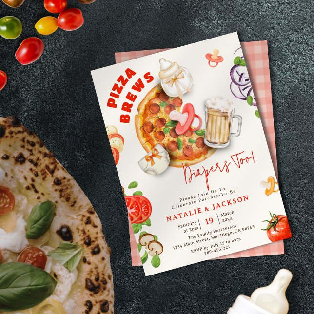 Invitation Fête de Bébé Pizza Breuvages & Couches Aussi (Casual Pizza Brews & Diapers Too Baby Shower Invitation)