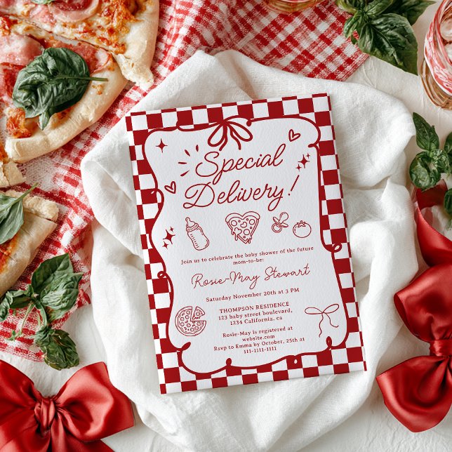 Invitation Fête de bébé pizza italienne rouge « Livraison spé (Special Delivery Italian Pizza Red Baby Shower Invitation)