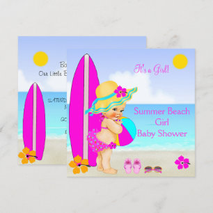 Invitation Fête de bébé plage Fille Chapeau de soleil rose sa